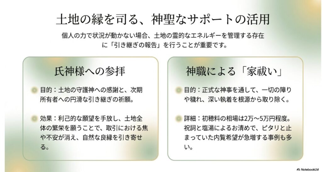 氏神様への参拝と神職による「家祓い」の二つのアプローチを比較した図。それぞれの目的、効果、および初穂料の相場が記載されている。