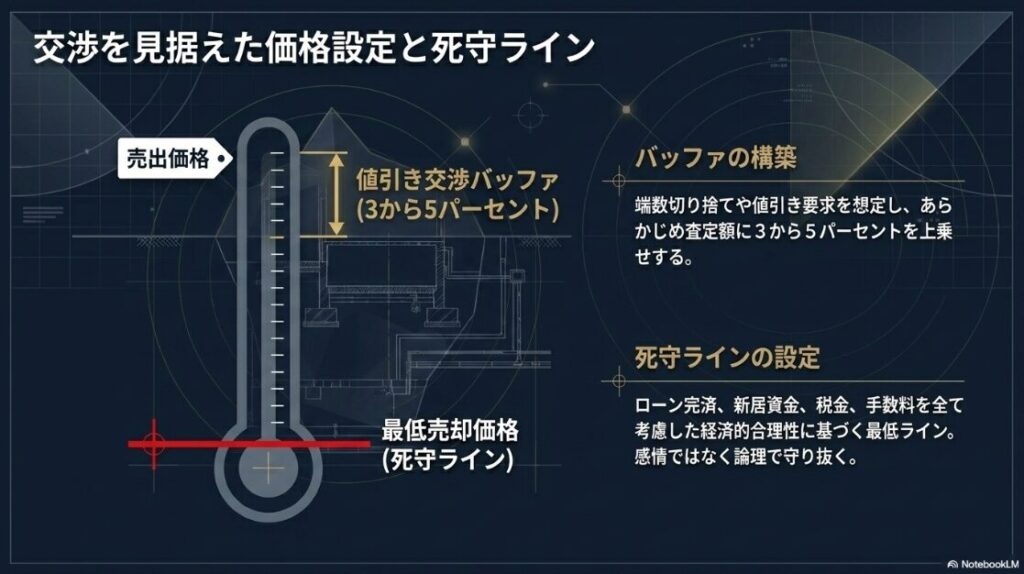 交渉を見据えて設定する値引きバッファと、ローンの完済や諸費用を考慮して論理的に導き出すべき最低売却価格の関係を示した温度計型の概念図。
