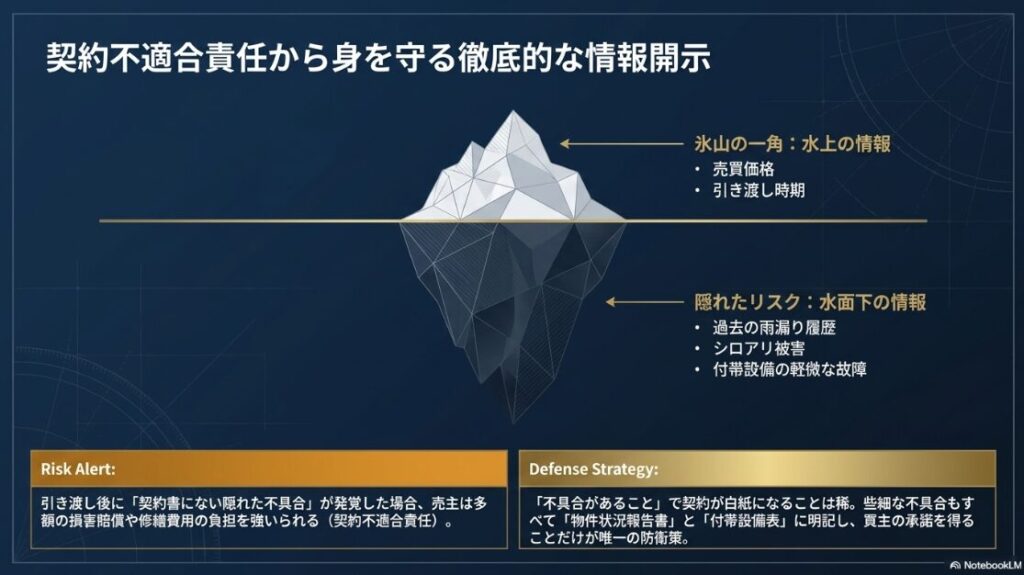 売買条件などの表面的な情報だけでなく、雨漏りやシロアリ被害といった水面下の隠れたリスクを開示することの重要性を示した氷山図 。