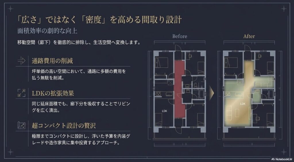 移動空間である廊下を徹底的に排除し、LDKの拡張や超コンパクト設計の贅沢へと生活空間を変換する間取り設計のBeforeとAfterを比較した図解。