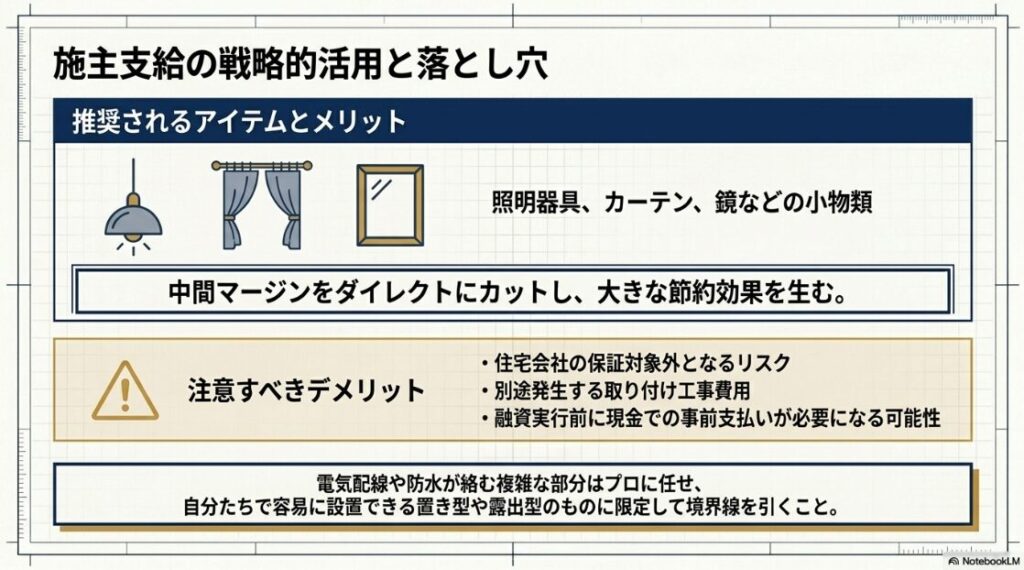 照明器具やカーテンなどの施主支給による中間マージンカットのメリットと、住宅会社の保証対象外や別途取付工事費、現金支払いの必要性といったデメリットを整理した図。