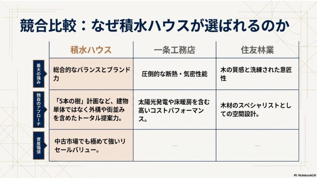 積水ハウスと一条工務店、住友林業の3社について、最大の強み、独自のアプローチ、資産価値の観点から特徴を整理し、メーカー選びの視点を示した比較表。