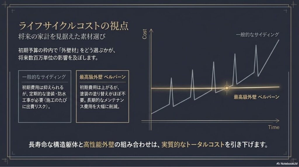 初期費用は抑えられるが定期的な塗装が必要な一般的サイディングと、初期費用は上がるが塗装不要な最高級外壁ベルバーンのメンテナンス費用推移を比較したグラフ。