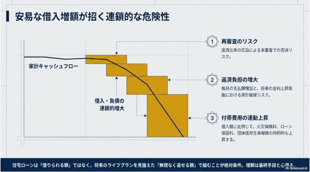 家計キャッシュフローが低下する中で負債が連鎖的に増大する様子を示し、再審査の否決、返済負担の増大、付帯費用の連動上昇という3つの連鎖的な危険性を警告したグラフ。