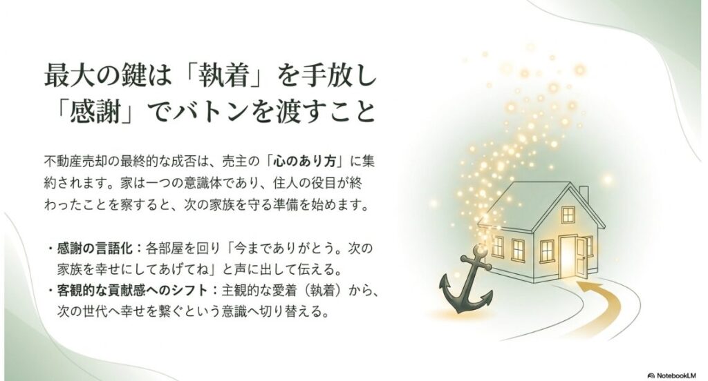錨から解き放たれ、光り輝く家が道を進むイメージイラスト。感謝の言語化と客観的な貢献感へのシフトの重要性が説かれている。