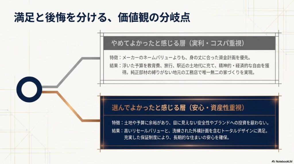 メーカーの知名度よりも実利やコスパを重視する層と、安全性や資産性を重視する層のそれぞれの特徴と結果をまとめ、満足と後悔を分ける分岐点を示したフロー図。