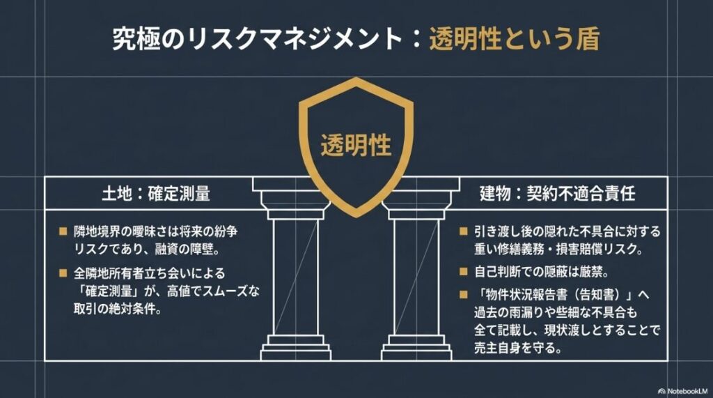 土地の確定測量と建物の契約不適合責任への対応を、透明性という盾で整理した概念図