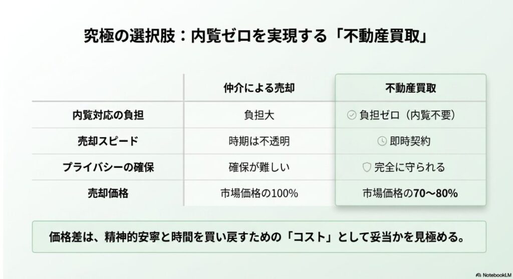仲介による売却と不動産買取における、内覧対応、売却スピード、プライバシーの確保、売却価格の4項目を比較した表。不動産買取は、内覧不要で負担がゼロであり、即時契約が可能でプライバシーも完全に守られる一方、売却価格は市場の70から80パーセントになることが示されており、価格差と精神的安寧のバランスを見極めるよう促している。