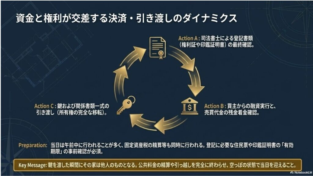 司法書士による書類確認、買主からの着金確認、鍵の引き渡しという決済当日に連続して行われる実務フローの循環図 。