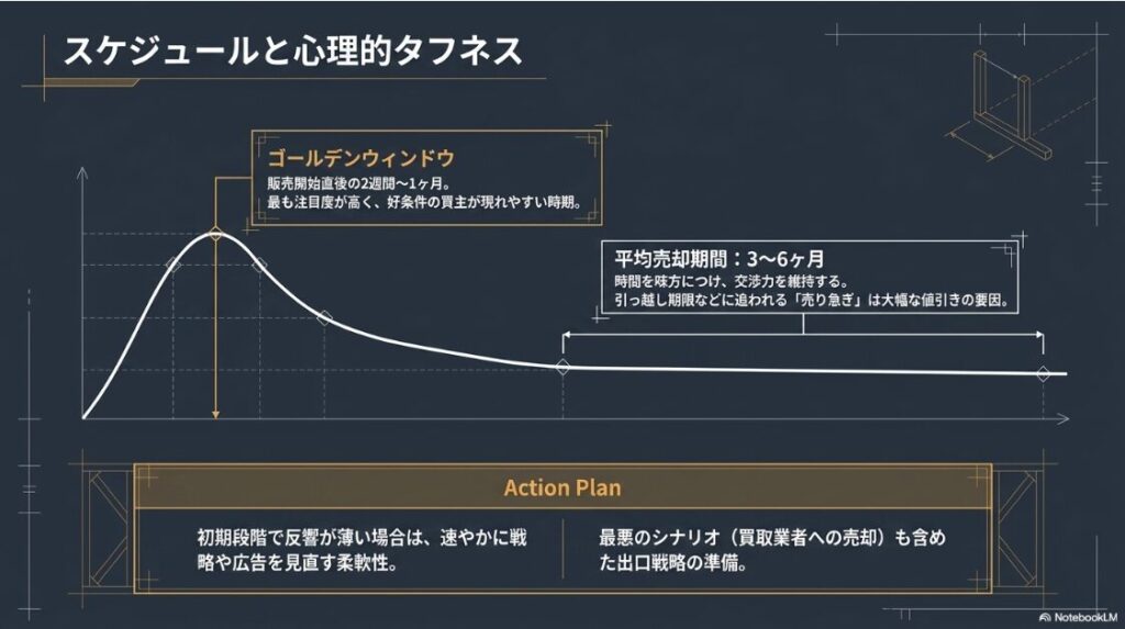 販売開始直後の注目度の推移と平均売却期間、および状況に応じたアクションプランを示したグラフ