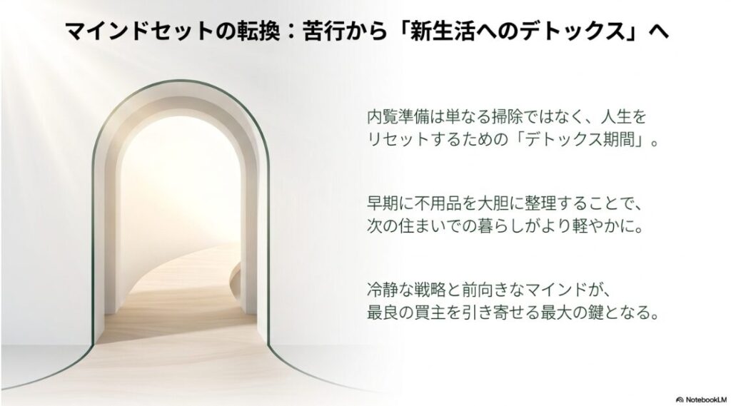 光り輝くアーチ状の出口へと続く通路のイラストと共に、内覧準備を単なる掃除ではなく、人生をリセットするためのデトックス期間と捉えるマインドセットを促す画像。早期に不用品を大胆に整理することで、次の住まいでの暮らしがより軽やかになり、冷静な戦略と前向きなマインドが最良の買主を引き寄せる鍵になると伝えている。