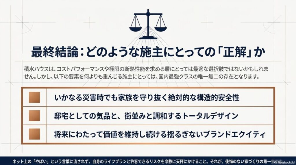 構造安全性、トータルデザイン、ブランド価値の3要素を重んじる施主にとって積水ハウスが正解であることを示し、リスクを冷静に天秤にかけるよう促す結論の図解。