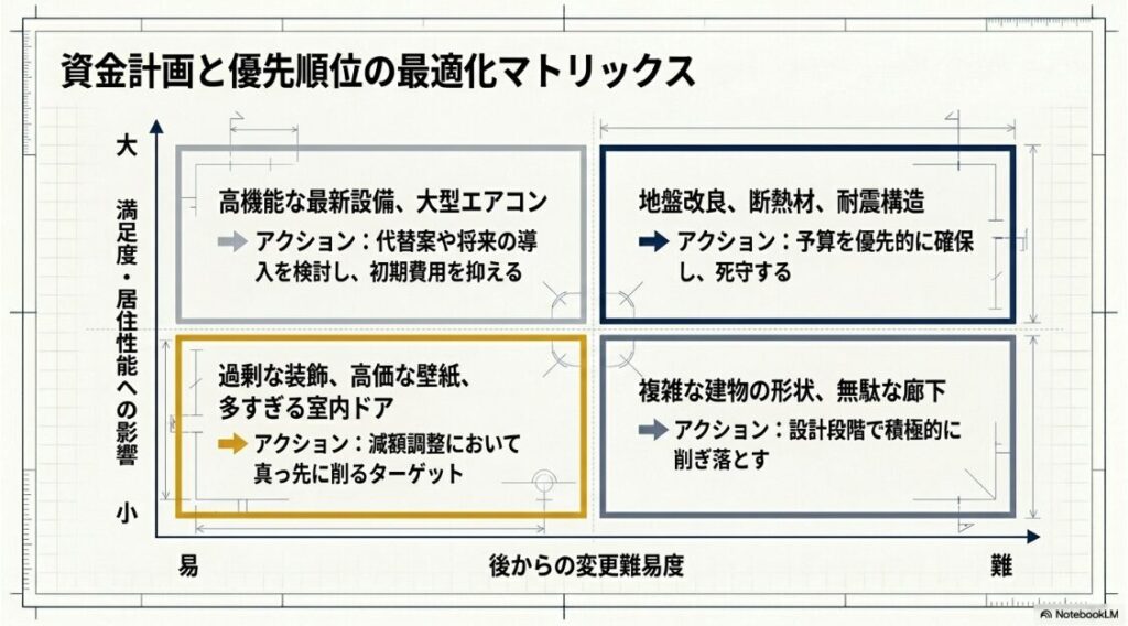 変更難易度と居住性能への影響を2軸で捉え、地盤や断熱は予算を死守し、装飾や建具は真っ先に削るターゲットにするなど、項目ごとの具体的なアクションを定義した戦略マップ。