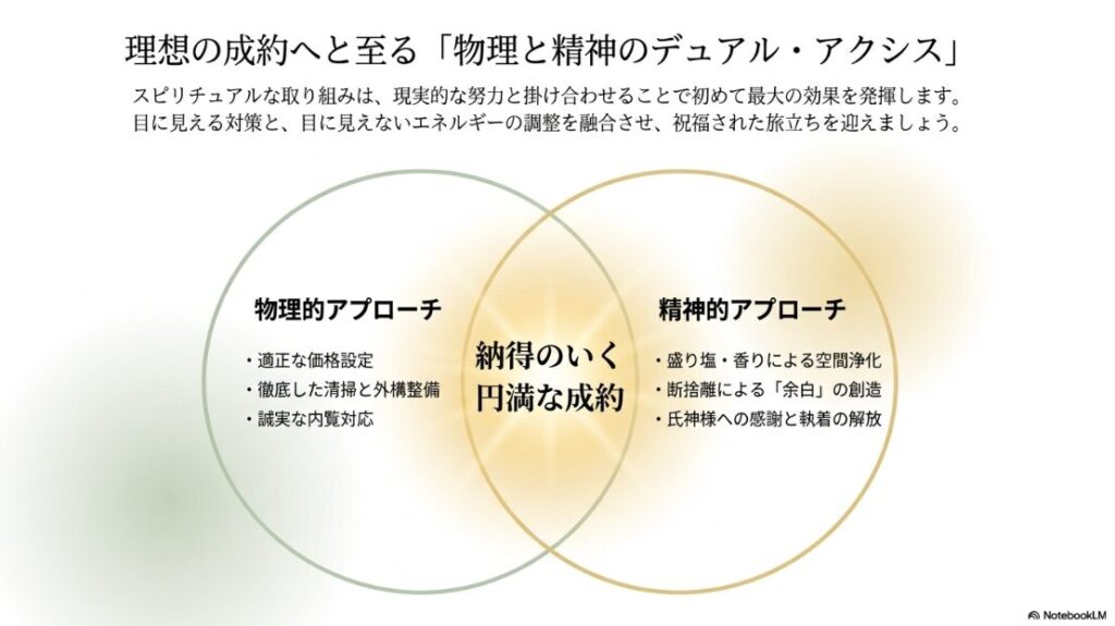 物理的アプローチと精神的アプローチが重なり合い、中央に「納得のいく円満な成約」が配置されたベン図。全体を統合するまとめの図解。