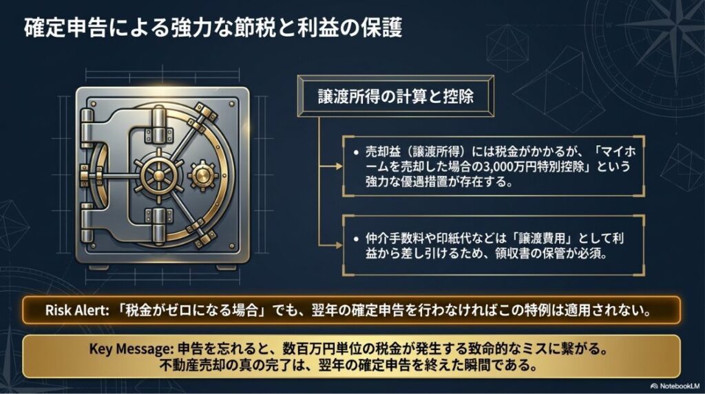 3000万円特別控除の活用と、譲渡費用の計上、そして特例適用に不可欠な確定申告の重要性を金庫のイラストと共に示した図 。