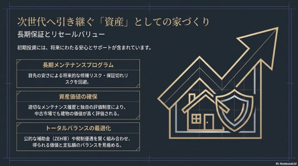 長期メンテナンスプログラムによる修繕リスク回避、資産価値の確保、ZEH等の公的補助金を活用したトータルバランスの最適化を解説したスライド。