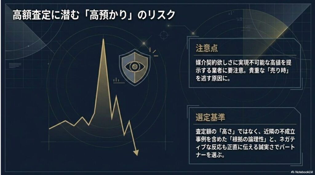 媒介契約獲得のために提示される非現実的な高値のリスクと、根拠の論理性に基づいた誠実なパートナー選びの基準を示す注意喚起スライド。