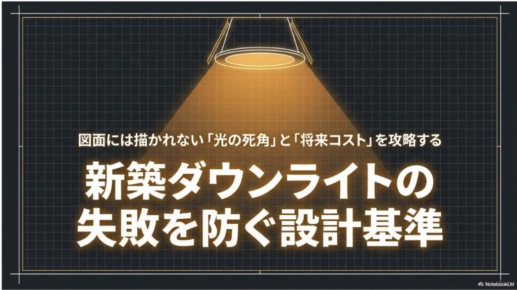 新築ダウンライトの失敗を防ぐ設計基準というタイトルと、光の死角と将来コストを攻略するという文字が書かれたスライドです。
背景には黒いグリッド線と暖色系のダウンライトのイラストが描かれています。