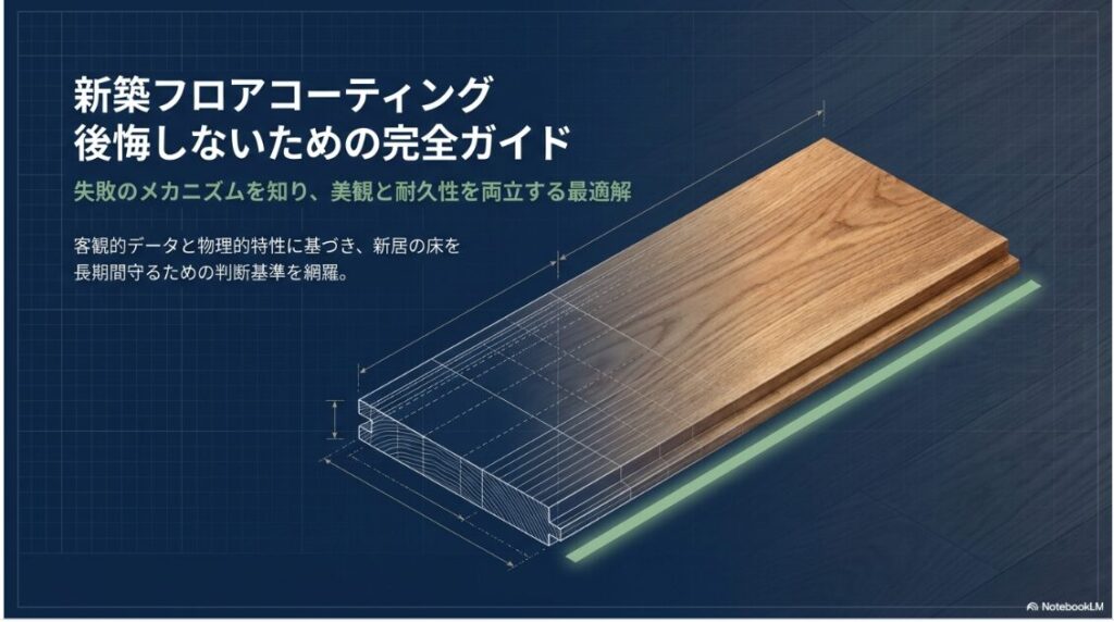 新築フロアコーティング後悔しないための完全ガイドというメインタイトルと、失敗のメカニズムを知り、美観と耐久性を両立する最適解というサブタイトルが記載されたスライドです。
