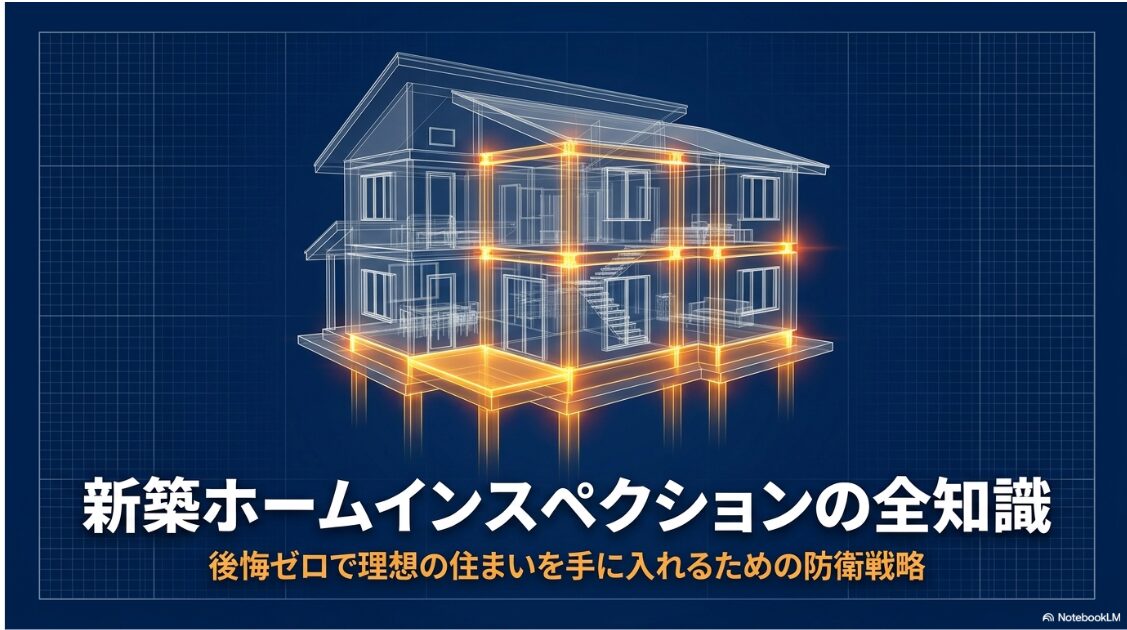 後悔ゼロで理想の住まいを手に入れるための防衛戦略が記載された新築ホームインスペクションのタイトルスライド画像です。