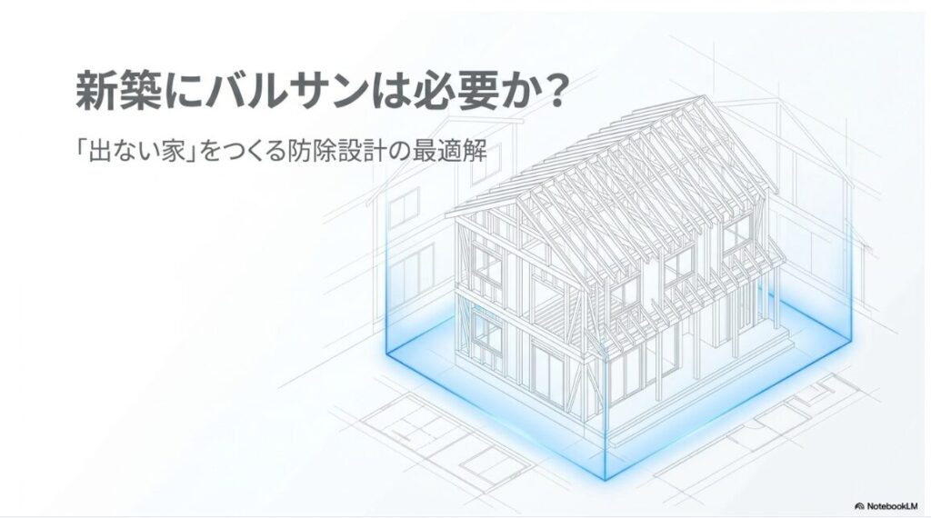 新築にバルサンは必要かという疑問を提示し、出ない家をつくる防除設計の最適解という方向性を示したスライドです。