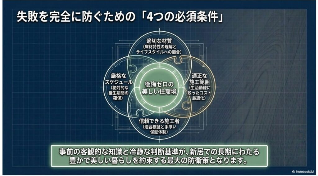 失敗を完全に防ぐための4つの必須条件という見出しと、適切な材質、厳格なスケジュール、適正な施工範囲、信頼できる施工者の4つの条件が記載されたスライドです。
