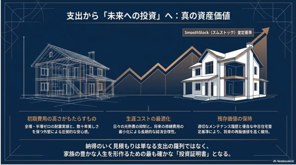 耐震性能、生涯コストの最適化、スムストック査定基準による残存価値の保持を示す資産価値の図解