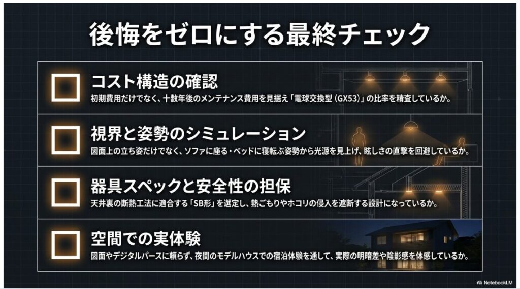 後悔をゼロにする最終チェックというタイトルのチェックリストスライドです。
コスト構造の確認、視界と姿勢のシミュレーション、器具スペックと安全性の担保、空間での実体験という4つの必須確認項目が掲載されています。