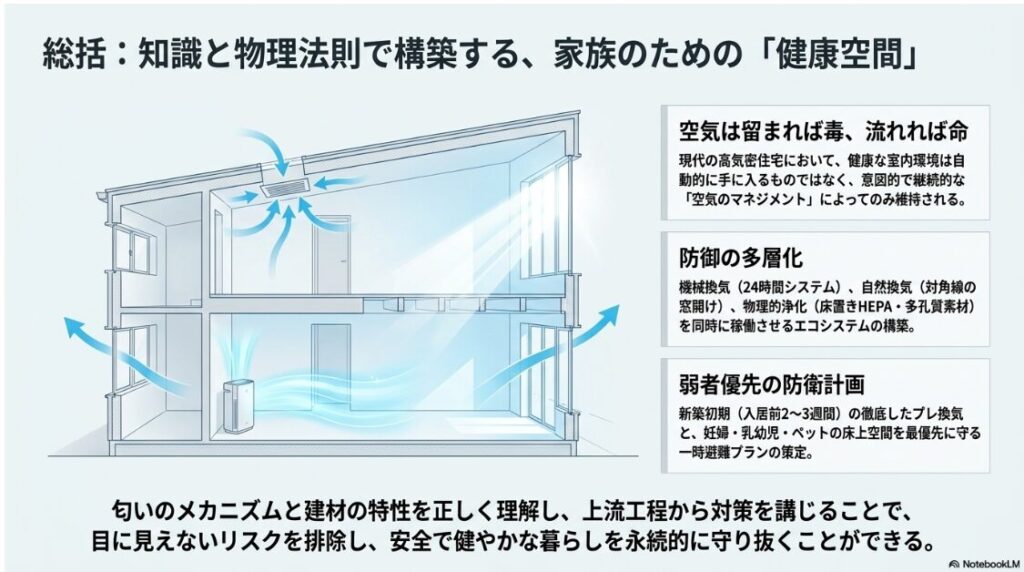 2階建ての住宅断面図に、機械換気や自然換気、床置きの空気清浄機による空気の流れが描かれたスライド。空気は留まれば毒で流れれば命であること、機械換気や自然換気や物理的浄化を同時に稼働させる防御の多層化、新築初期のプレ換気や生物学的弱者を守る一時避難プランなどの弱者優先の防衛計画が総括されています。