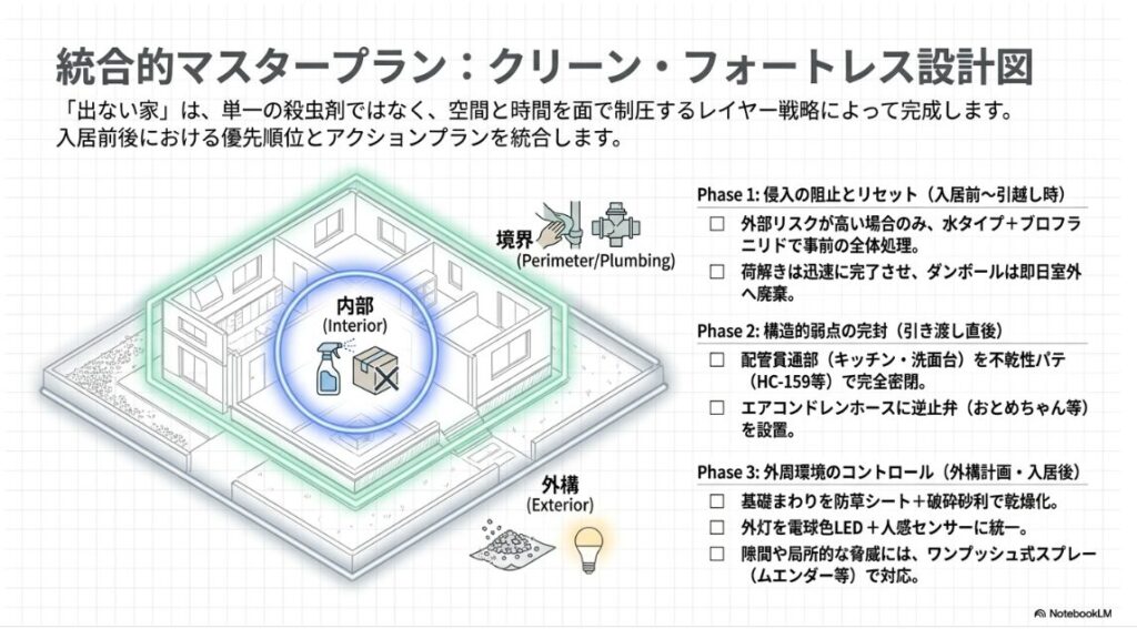 新築の入居前後における優先順位とアクションプランをまとめたクリーン・フォートレス設計図のスライドです。
フェーズ1として入居前や引越し時の水タイプ全体処理と迅速なダンボール廃棄が挙げられています。
フェーズ2として引き渡し直後の配管貫通部のパテ埋めとエアコンの逆止弁設置、フェーズ3として外構計画における防草シートと破砕砂利による乾燥化、電球色LEDへの統一、局所的なワンプッシュ式スプレーでの対応が、内部、境界、外構のレイヤー戦略として統合されています。