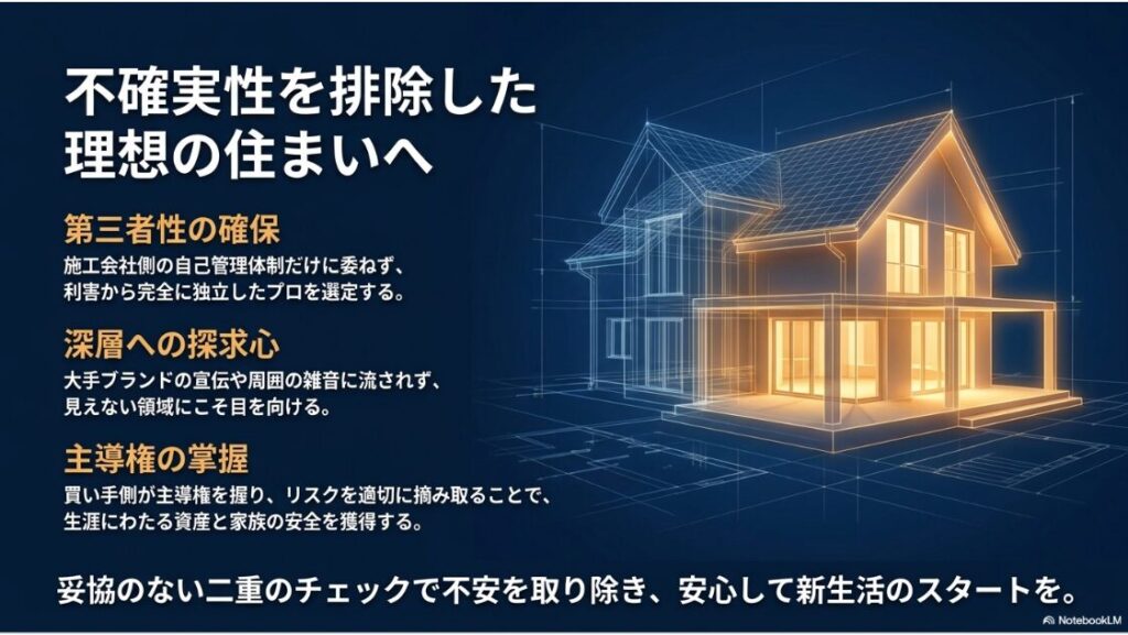 利害から独立したプロの選定による第三者性の確保や見えない領域への探求心、主導権の掌握によって安全を獲得することを描いたまとめのスライド画像です。