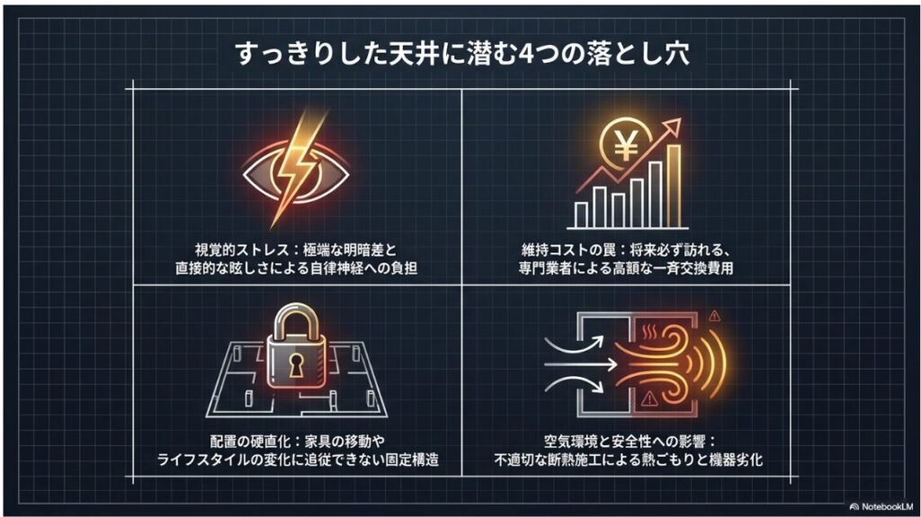 すっきりした天井に潜む4つの落とし穴というタイトルのスライドです。
視覚的ストレス、維持コストの罠、配置の硬化、空気環境と安全性への影響という4つの問題点がアイコンと共にまとめられています。