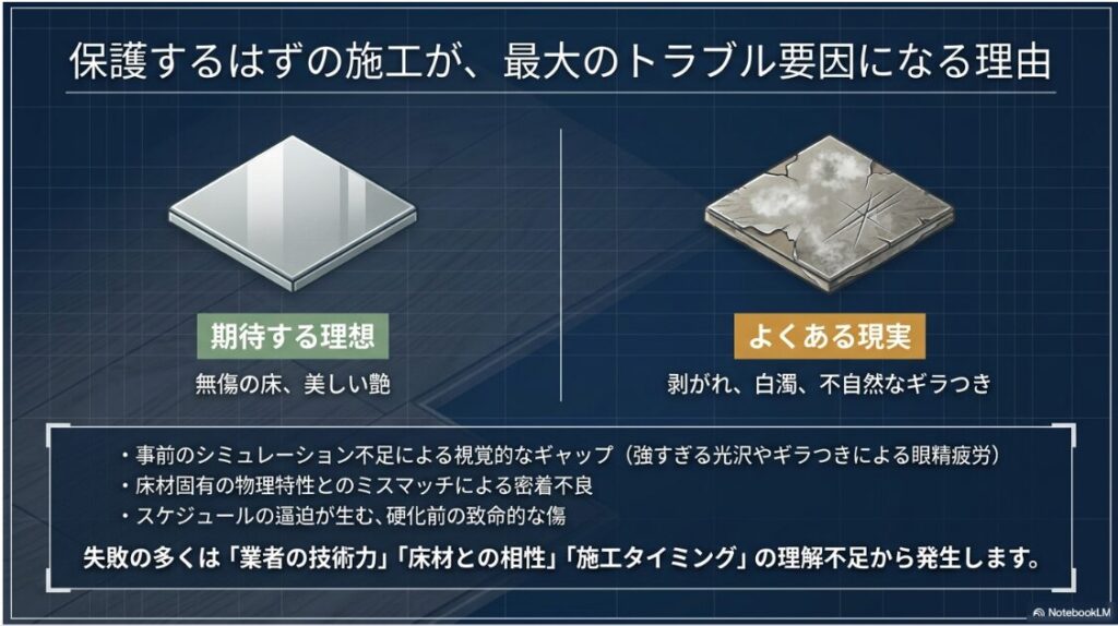 保護するはずの施工が最大のトラブル要因になる理由という見出しと、期待する理想(無傷の床、美しい艶)、よくある現実(剥がれ、白濁、不自然なギラつき)、および失敗の要因に関する箇条書きが記載されたスライドです。