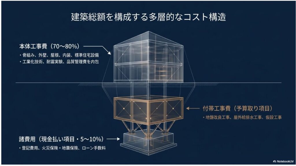 本体工事費、付帯工事費、諸費用の内訳と比率を示す、建築総額の多層構造図