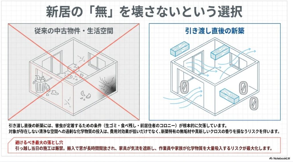 従来の中古物件や生活空間と、引き渡し直後の新築住宅の室内環境を比較したスライドです。
中古物件のイラストにはバツ印がつけられ、ゴミ箱や食べ残し、壁のひび割れなどの害虫的定着条件が描かれています。
一方で新築住宅のイラストには、生ゴミなどの対象が存在しない清浄な空間であり、無垢材や新しいクロスの香りと共に、空気の対流が流れるクリーンな様子が描かれています。