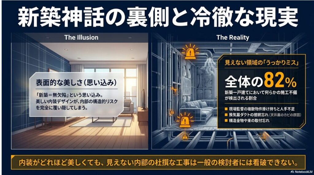 表面的な美しさに隠された構造的リスクや新築一戸建てで施工不備が検出される割合が82パーセントであること、換気扇ダクトの接続忘れなどの事例を示すスライド画像です。