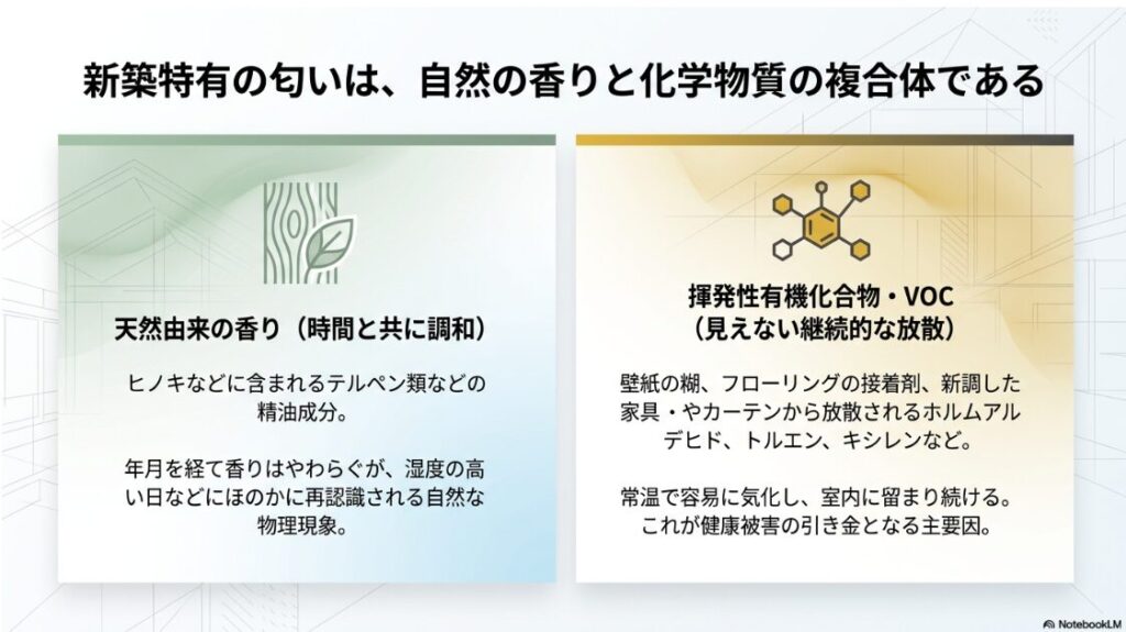 木目と葉のイラストが背景に描かれ、新築特有の匂いが天然由来の香りと揮発性有機化合物(VOC)の複合体であることを説明するスライド。ヒノキのテルペン類などは時間と共に調和し、接着剤やカーテンから放散されるVOCは常温で容易に気化して健康被害の主要因になると解説されています。
