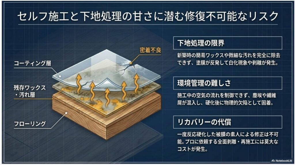 セルフ施工と下地処理の甘さに潜む修復不可能なリスクという見出しと、下地処理の限界、環境管理の難しさ、リカバリーの代償についての解説が記載されたスライドです。