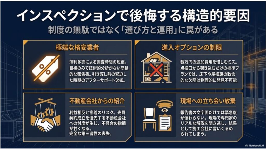 極端な格安業者や進入オプションの制限、不動産会社からの紹介、現場への立ち会い放棄というインスペクションで後悔する要因をまとめたスライド画像です。