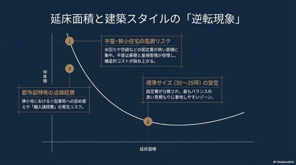 延床面積が小さくなるほど坪単価が高騰するリスクや、標準サイズの安定性を示す曲線グラフ