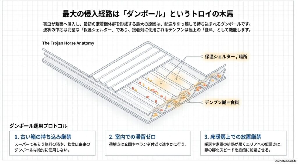 害虫が新築へ侵入する最大の原因となるダンボールの危険性と、それを防ぐ運用プロトコルを説明したスライドです。
ダンボールの波状の中芯が保温シェルターや暗所となり、接着剤のデンプン糊が食料になるというトロイの木馬の構造を解説しています。
対策として、古い箱の持ち込み厳禁、室内での滞留ゼロ、床暖房上での放置厳禁という3つのルールが明確に記載されています。