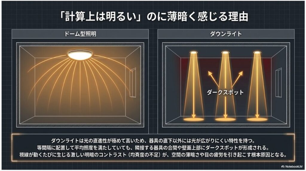 計算上は明るいのに薄暗く感じる理由というタイトルのスライドです。
部屋全体に光が広がるドーム型照明と、直進性が高く合間にダークスポットができるダウンライトの配光特性の違いが比較図で示されています。