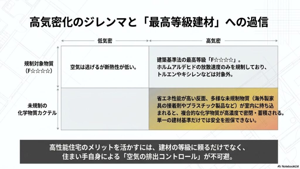 低気密住宅と高気密住宅における規制対象物質と未規制物質の蓄積度合いを比較した表のスライド。最高等級のフォースター基準はホルムアルデヒドのみを規制しており、未規制の物質カクテルが高濃度で密閉蓄積されるため、住まい手自身による空気の排出コントロールが不可避であると記述されています。
