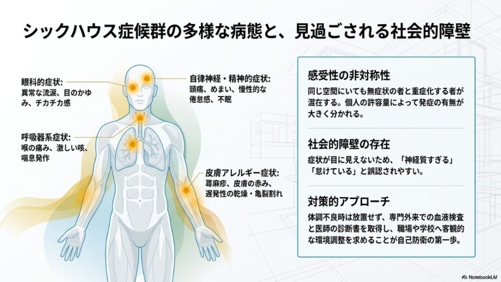 シックハウス症候群の眼科的症状、呼吸器系症状、自律神経や精神的症状、皮膚アレルギー症状を身体のイラストを用いて細かく分類したスライド。同じ空間にいても個人の許容量によって発症の有無が分かれる感受性の非対称性や、症状が目に見えない社会的障壁、専門外来での血液検査や医師の診断書による環境調整の求め方が記載されています。