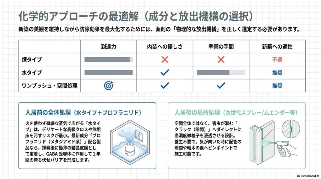 薬剤の物理的な放出機構による適性を比較した表と、具体的な処理方法を説明したスライドです。
煙タイプは到達力や内装への優しさの面で不適とされ、水タイプとワンプッシュ空間処理が推奨されています。
入居前の全体処理として火を使わず微細な蒸気で広がる水タイプと最新成分ブロフラニリドの組み合わせ、入居後の局所処理として隙間にダイレクトに浸透させる次世代スプレーのイラストが描かれています。