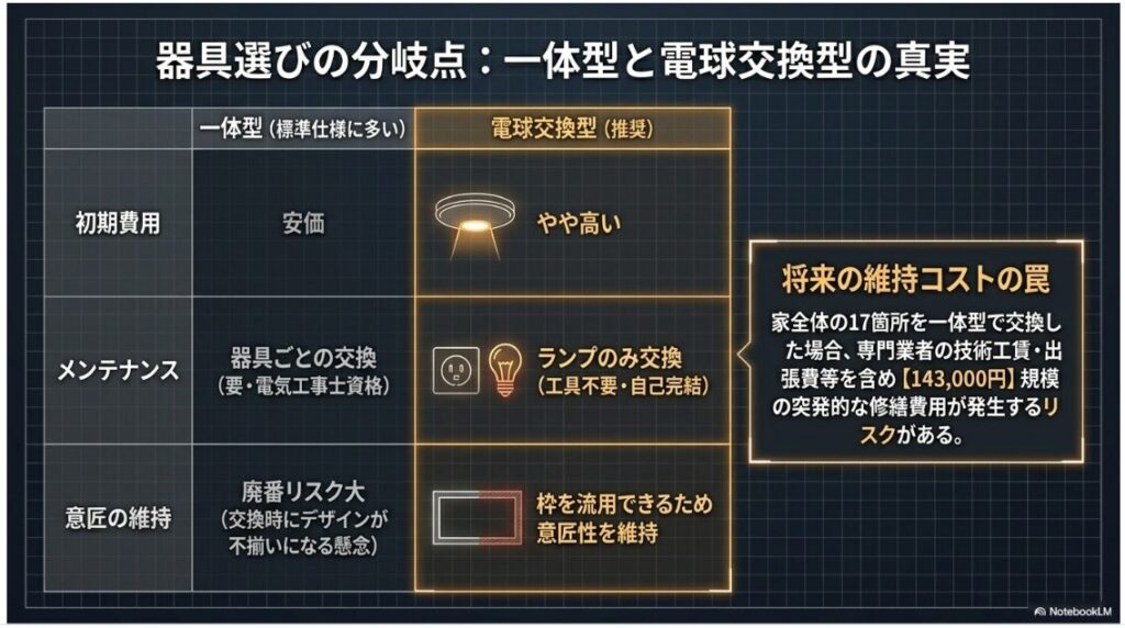 器具選びの分岐点:一体型と電球交換型の真実というタイトルの比較表スライドです。
初期費用、メンテナンス、意匠の維持の観点から両者の特徴をまとめており、一体型の一斉交換費用として143000円規模のリスクがあることが記されています。
