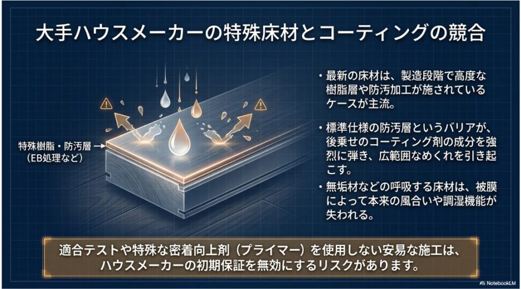 大手ハウスメーカーの特殊床材とコーティングの競合という見出しと、最新の床材特性やコーティングとの相性、初期保証に関する注意点が記載されたスライドです。