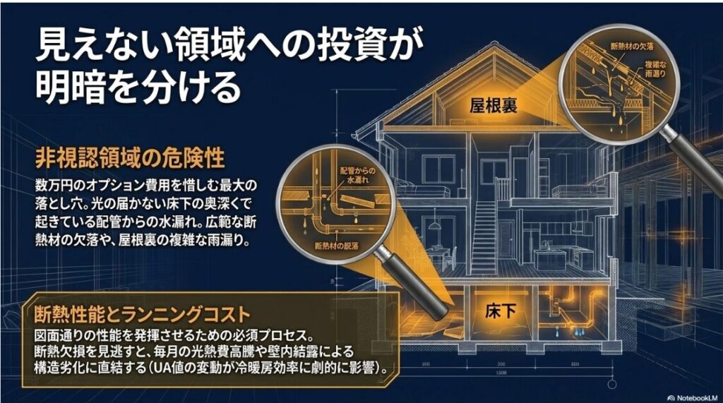 光の届かない床下での配管からの水漏れや断熱材の脱落、屋根裏での複雑な雨漏りなど、見えない領域に潜む危険性を住宅の断面図で解説したスライド画像です。