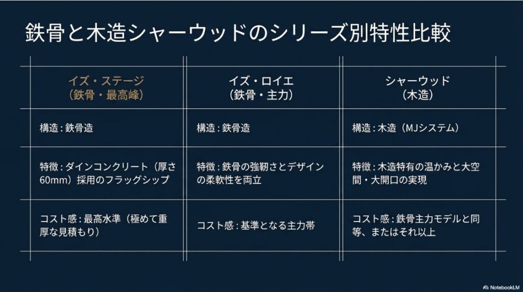 イズ・ステージ、イズ・ロイエ、シャーウッドの構造、特徴、コスト感を比較した一覧表
