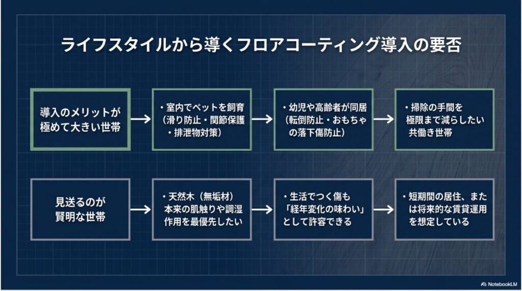 ライフスタイルから導くフロアコーティング導入の要否という見出しと、導入のメリットが極めて大きい世帯、見送るのが賢明な世帯の判断基準が記載されたスライドです。
